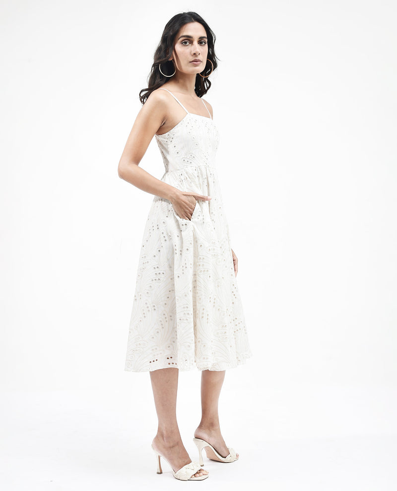 Rareism Women'S Calvert White Cotton Fabric Noodle Strap Off Shoulder Solid Longline Dress