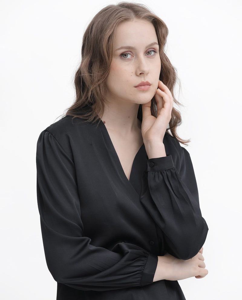 Rareism Women's Caplan Black Polyester Fabric Full Sleeves Button Closure Over Lap Bishop Sleeve Regular Fit Plain Top