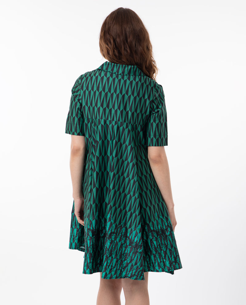 Rareism Women's Carolin Green Cotton Fabric Short Sleeves Shirt Collar Fit And Flare Geometric Print Knee Length Boxy Dress
