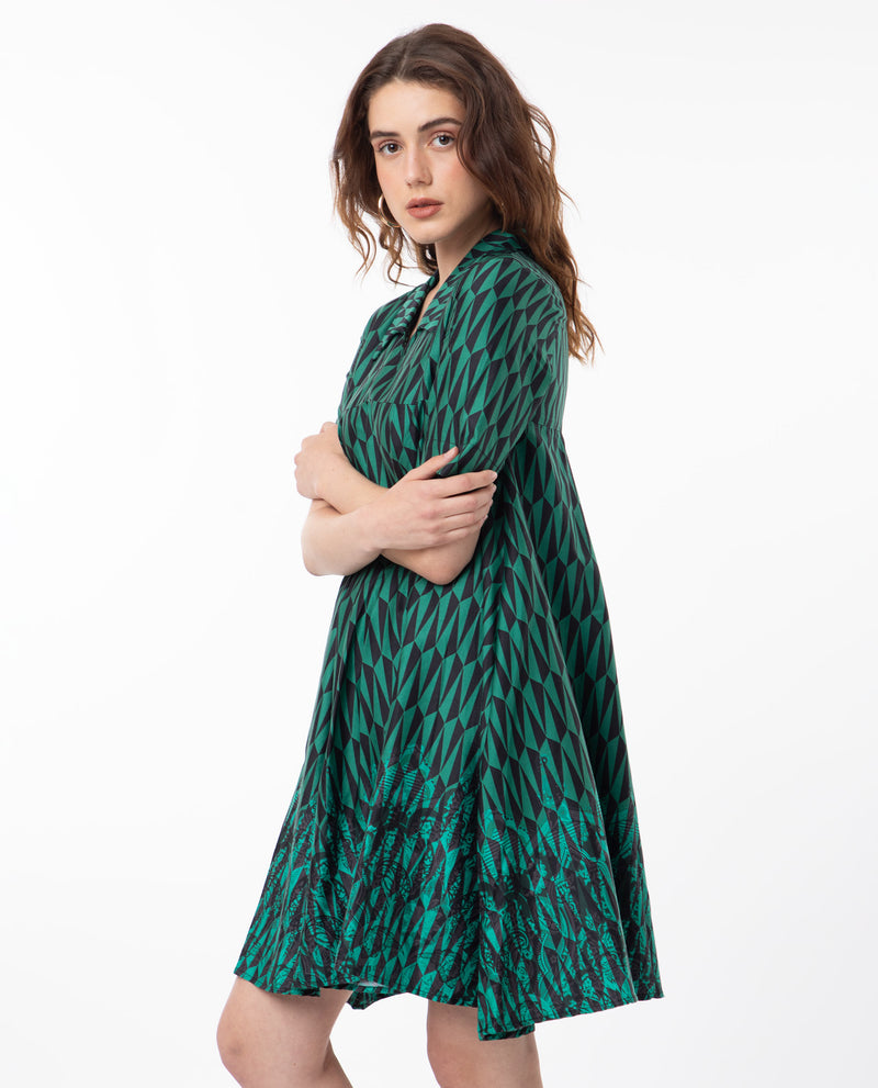 Rareism Women's Carolin Green Cotton Fabric Short Sleeves Shirt Collar Fit And Flare Geometric Print Knee Length Boxy Dress