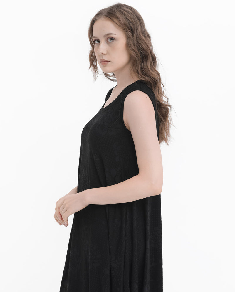 Rareism Women's Cassidy Black Poly Viscose Elastane Fabric Round Neck Sleeveless Flared Fit Plain Midi Dress
