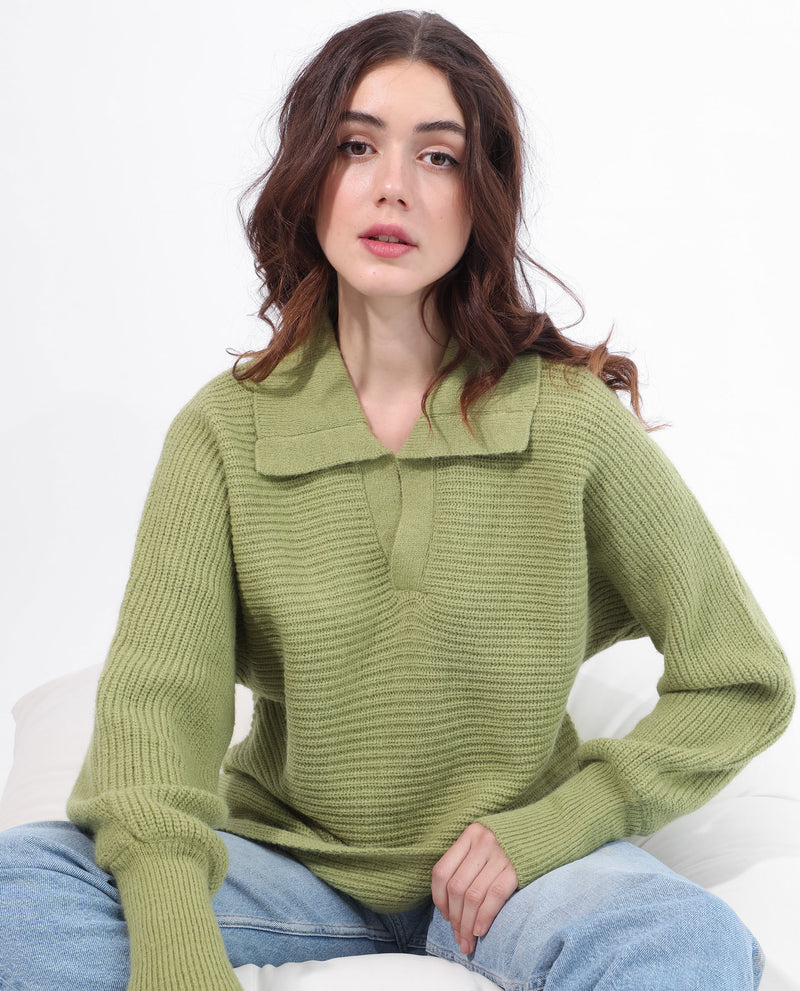 RAREISM WOMEN'S CECILE DUSKY GREEN SWEATER FULL SLEEVE SOLID