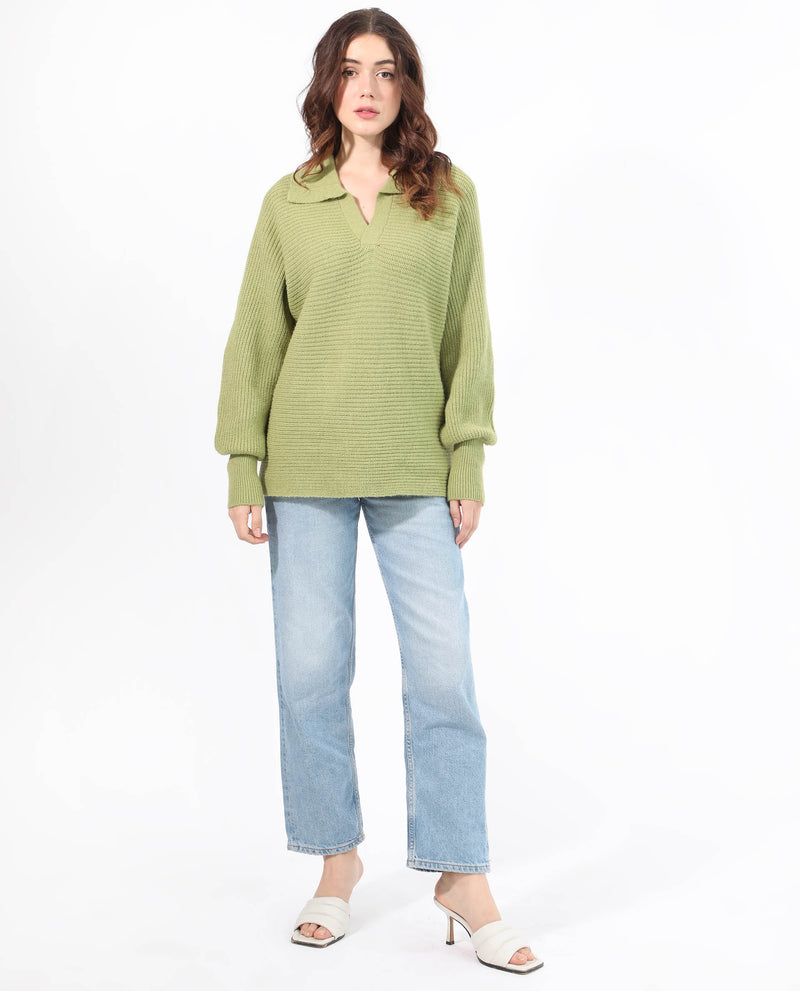 Rareism Women'S Cecile Dusky Green Acrylic Fabric Full Sleeves Relaxed Fit Solid Drop Collar Sweater