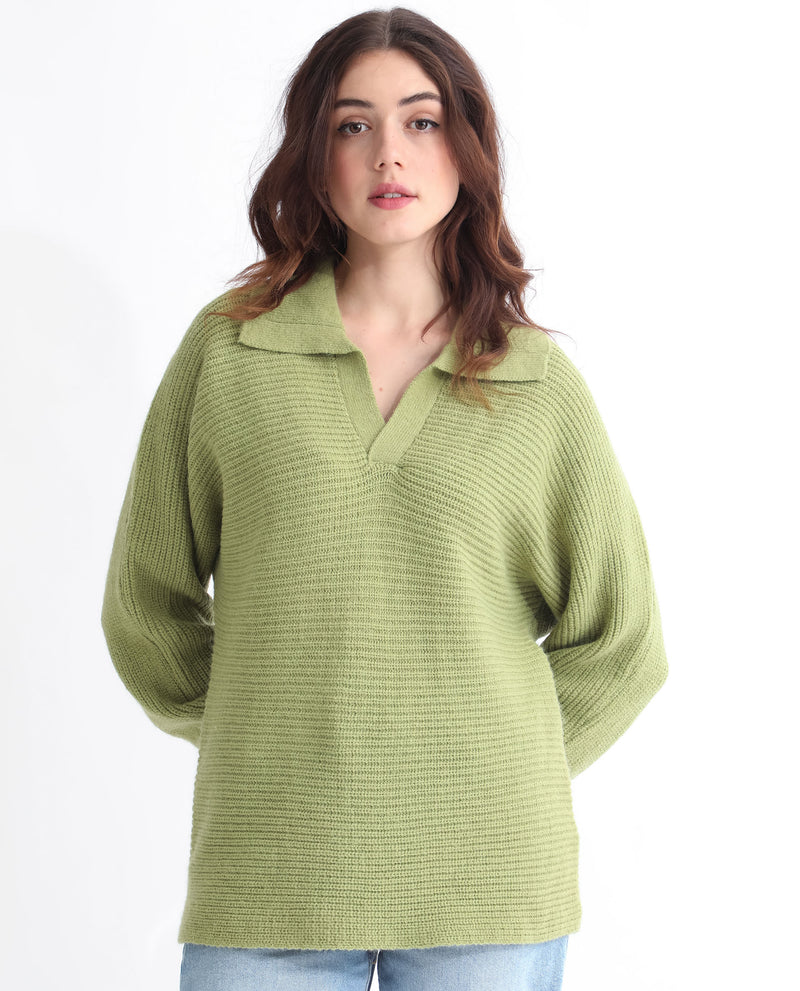 Rareism Women'S Cecile Dusky Green Acrylic Fabric Full Sleeves Relaxed Fit Solid Drop Collar Sweater