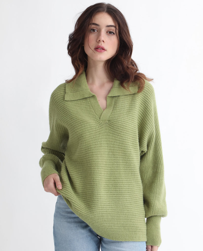 RAREISM WOMEN'S CECILE DUSKY GREEN SWEATER FULL SLEEVE SOLID