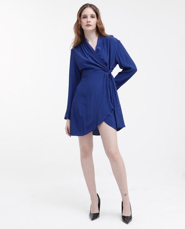 Rareism Women's Celler Flouroscent Blue Rayon Fabric Regular Sleeves Collared Neck Solid Wrap Regular Length Dress