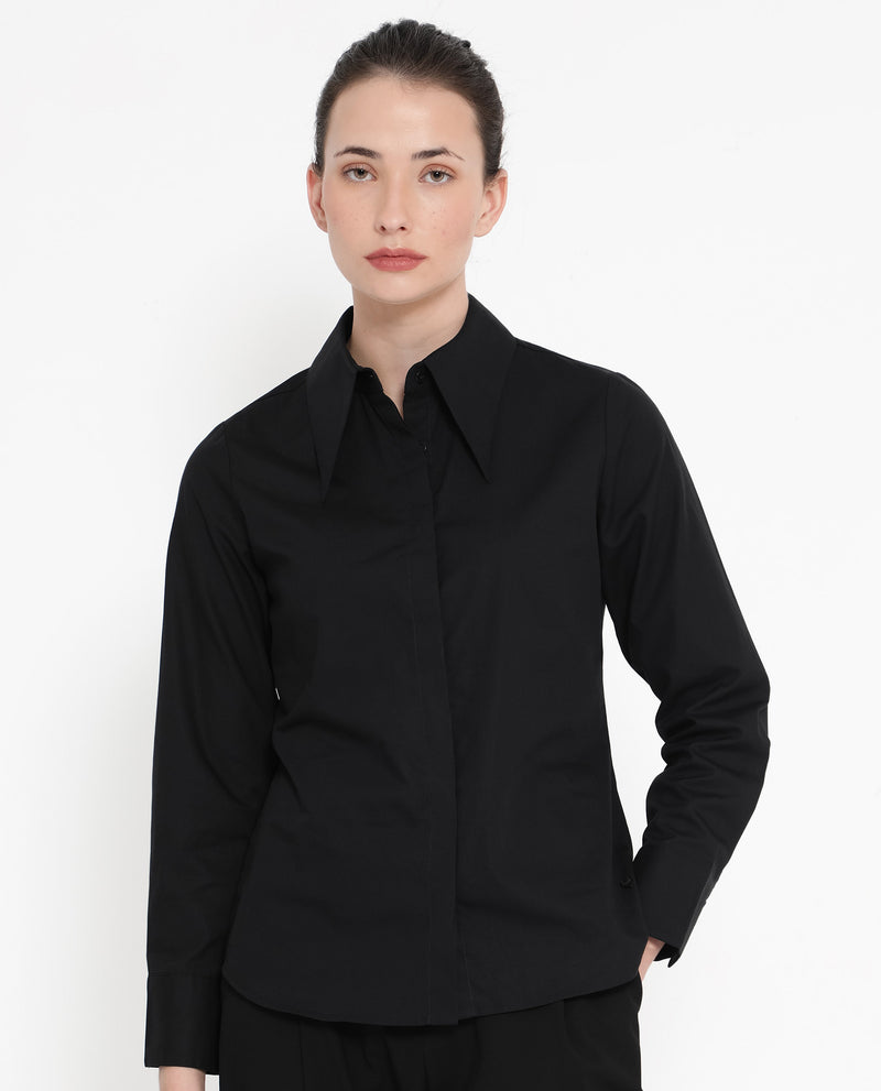 Rareism Women'S Ceos Black Cuffed Sleeve Collared Neck Plain Shirt