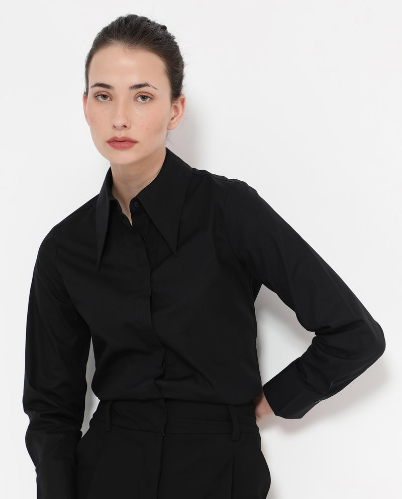 Rareism Women'S Ceos Black Cuffed Sleeve Collared Neck Plain Shirt