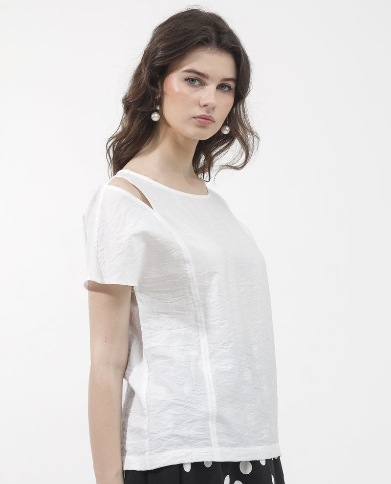 Rareism Women'S Chabert White Rayon Nylon Fabric Cap Sleeve Round Neck Solid Regular Length Top