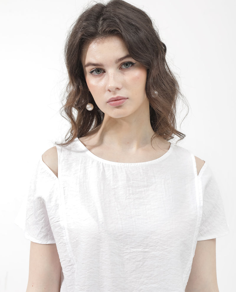 Rareism Women'S Chabert White Rayon Nylon Fabric Cap Sleeve Round Neck Solid Regular Length Top