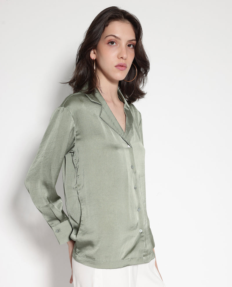 Rareism Women'S Chant Light Green Polyester Fabric Cuffed Sleeves Lapel Neck Plain Shirt