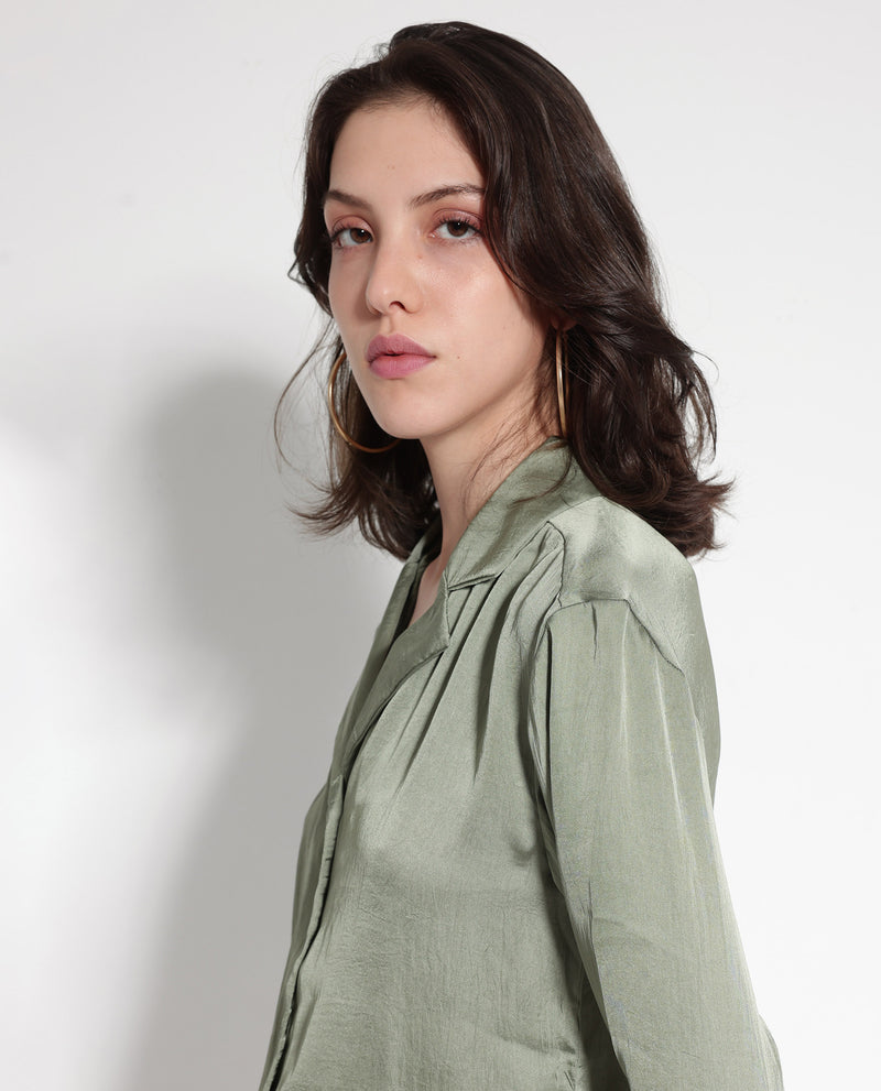 Rareism Women'S Chant Light Green Polyester Fabric Cuffed Sleeves Lapel Neck Plain Shirt