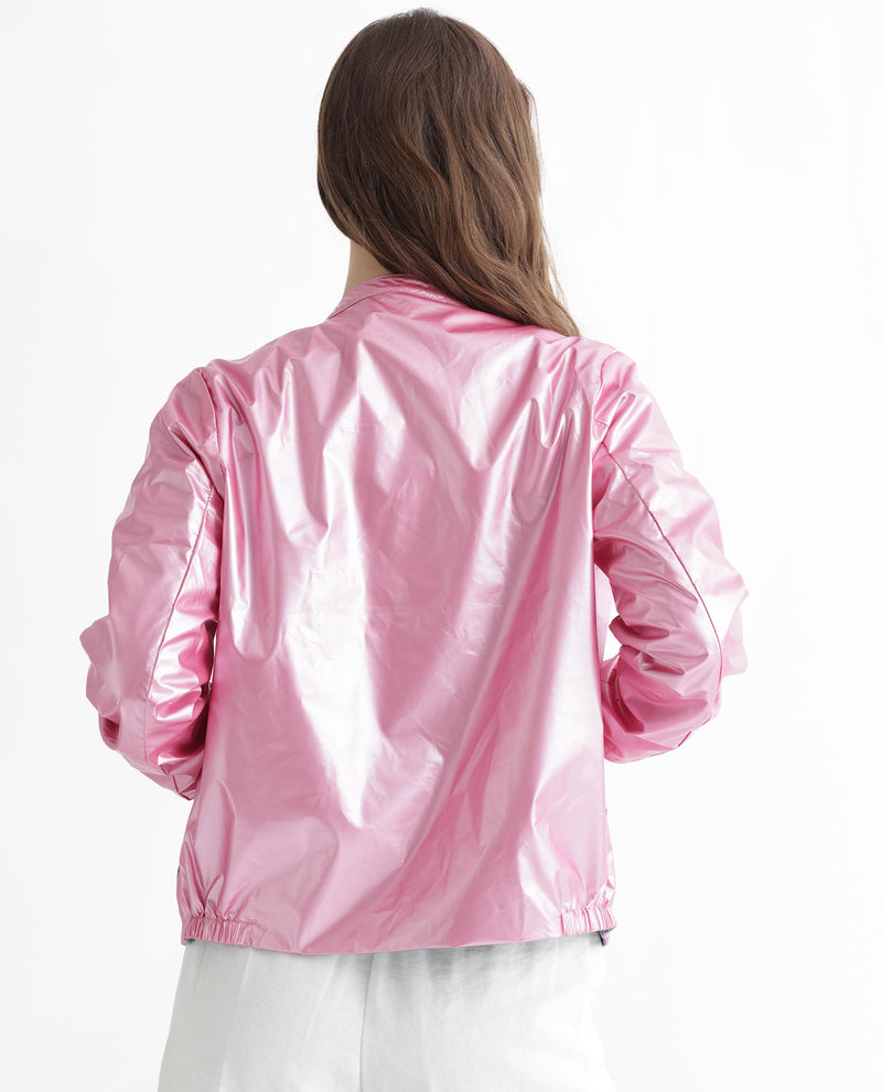 Rareism Women's Charlotte Pink Polyester Fabric Full Sleeves Solid Mandarin Collar Jacket