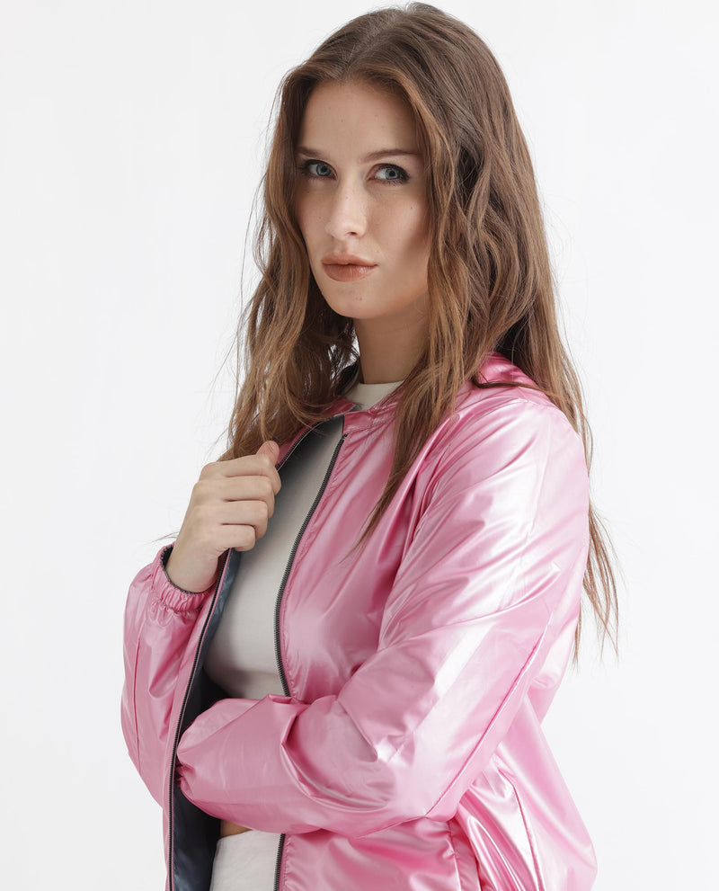 Rareism Women's Charlotte Pink Polyester Fabric Full Sleeves Solid Mandarin Collar Jacket