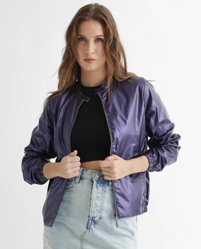 Rareism Women'S Charlotte Purple Polyester Fabric Full Sleeves Solid Mandarin Collar Jacket