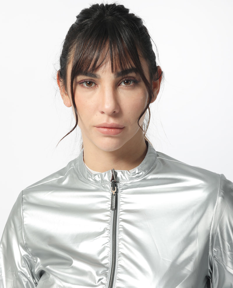 Rareism Women'S Charlotte Silver Polyester Fabric Full Sleeves Solid Mandarin Collar Jacket