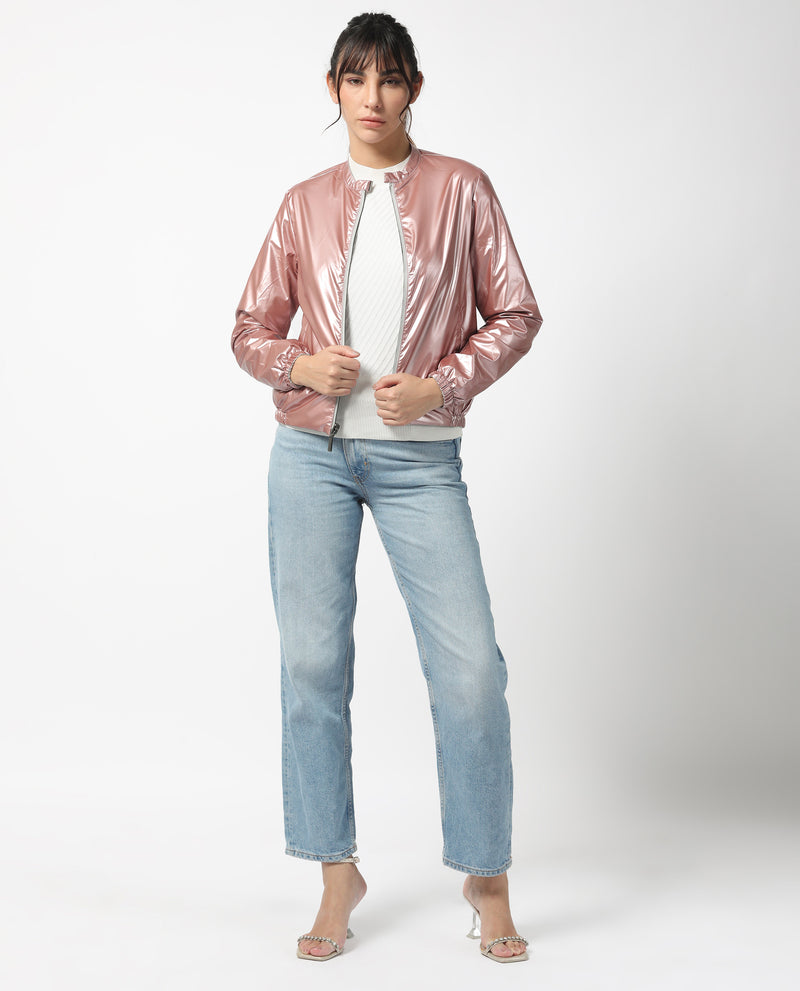 Rareism Women'S Charlotte Silver Polyester Fabric Full Sleeves Solid Mandarin Collar Jacket