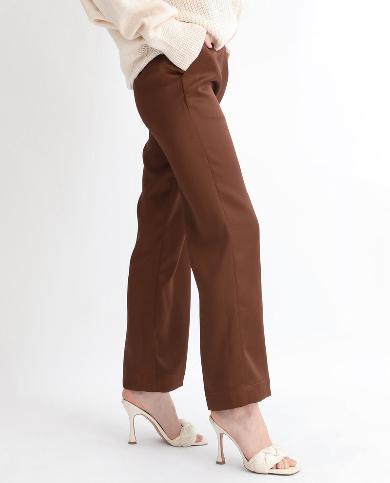 Rareism Women's Charo Brown Polyester Fabric Tailored Fit Mid Rise Solid Ankle Length Trousers