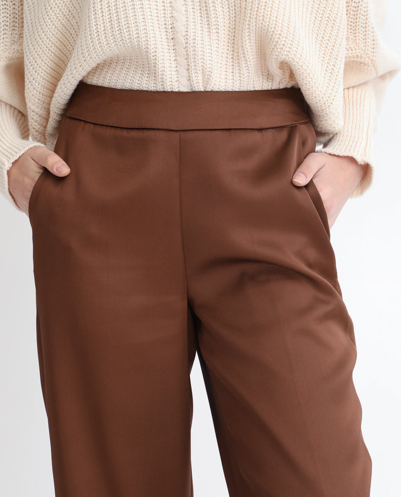 Rareism Women's Charo Brown Polyester Fabric Tailored Fit Mid Rise Solid Ankle Length Trousers