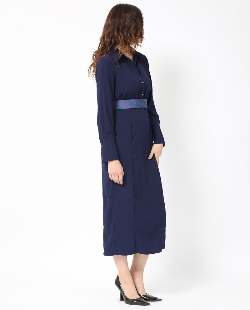 Rareism Women's Chsam Navy Poly Lycra Fabric Full Sleeves Shirt Collar Regular Fit Plain Maxi Boxy Dress