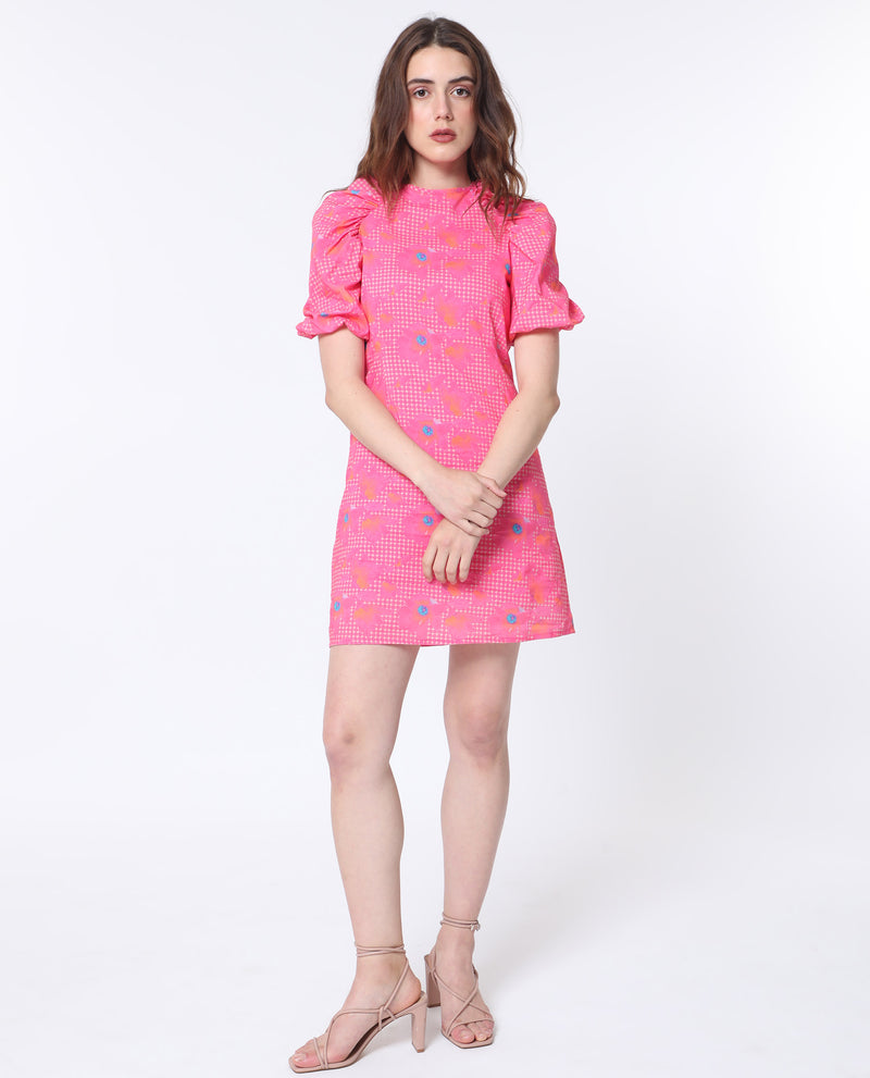 Rareism Women's Clark Fluorescent Pink Cotton Fabric Short Sleeves Zip Closure Round Neck Puff Sleeve Slim Fit Floral Print Short Asymmetric Dress