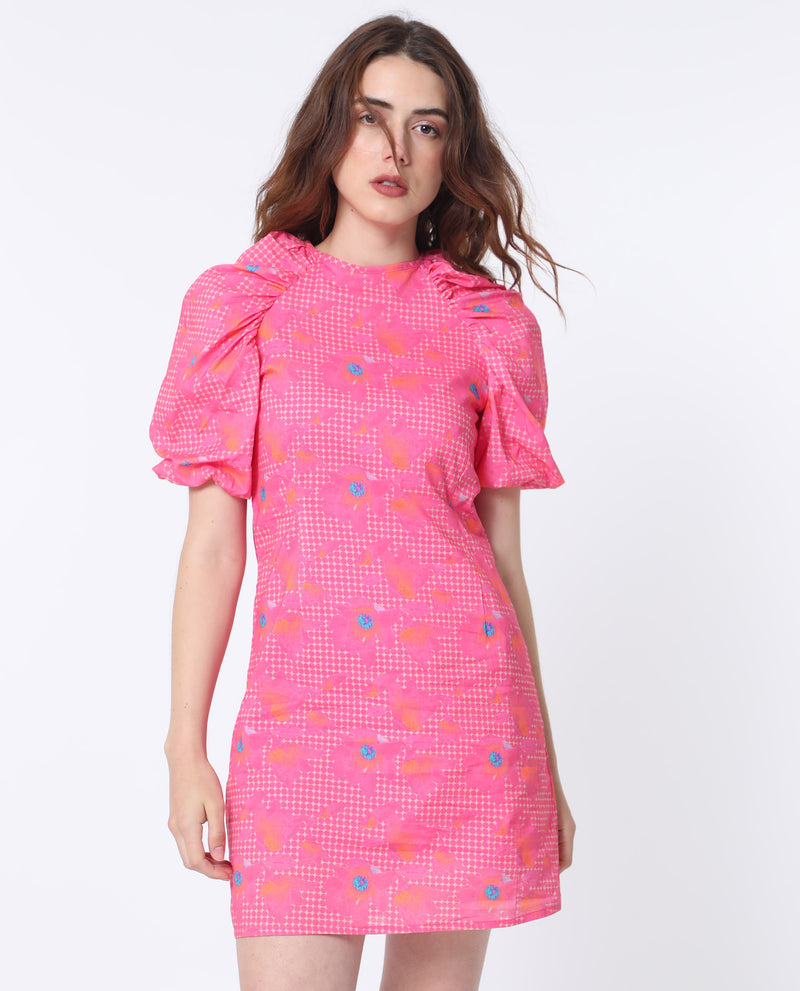 Rareism Women's Clark Fluorescent Pink Cotton Fabric Short Sleeves Zip Closure Round Neck Puff Sleeve Slim Fit Floral Print Short Asymmetric Dress
