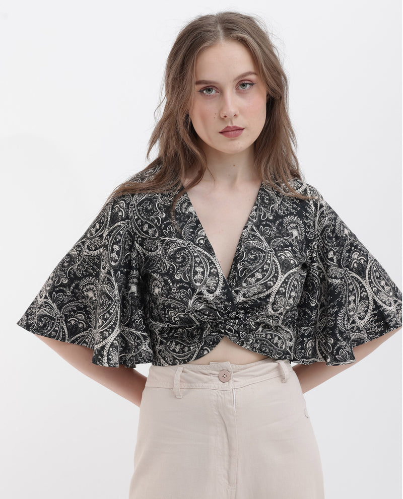Rareism Women's Clarence Black Cotton Modal Fabric Short Sleeves V-Neck Flared Sleeve Regular Fit Paisley Print Cropped Top