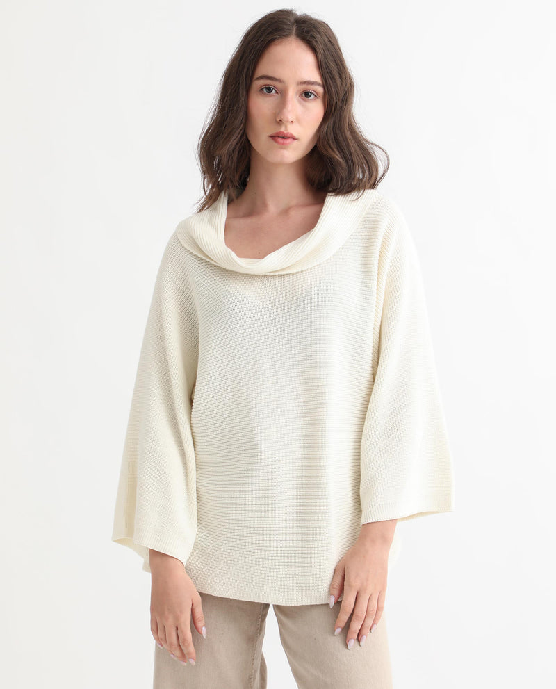 Rareism Women's Cleo Off White  3/4Th Sleeves Relaxed Fit Solid Cowl Neck Sweater