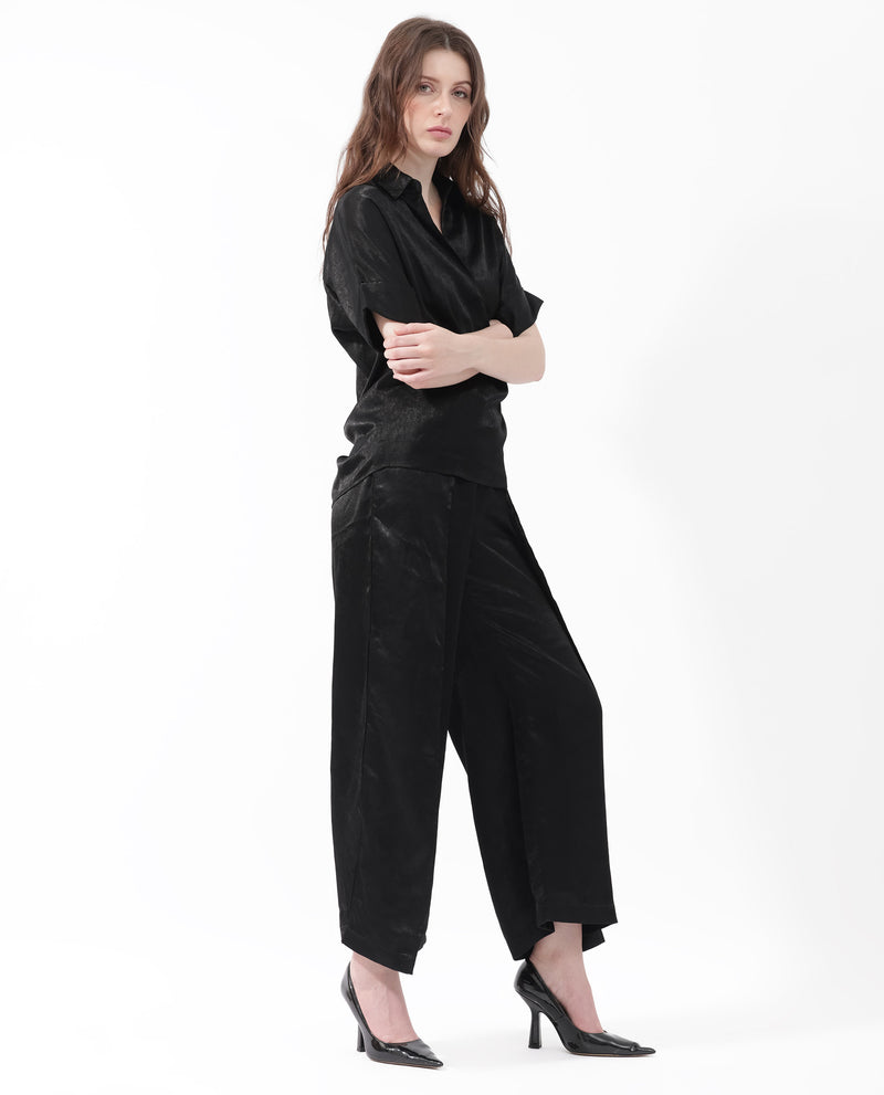 Rareism Women's Cole Black Polyester Fabric Short Sleeves Johnny Collar Extended Sleeve Regular Fit Plain Top