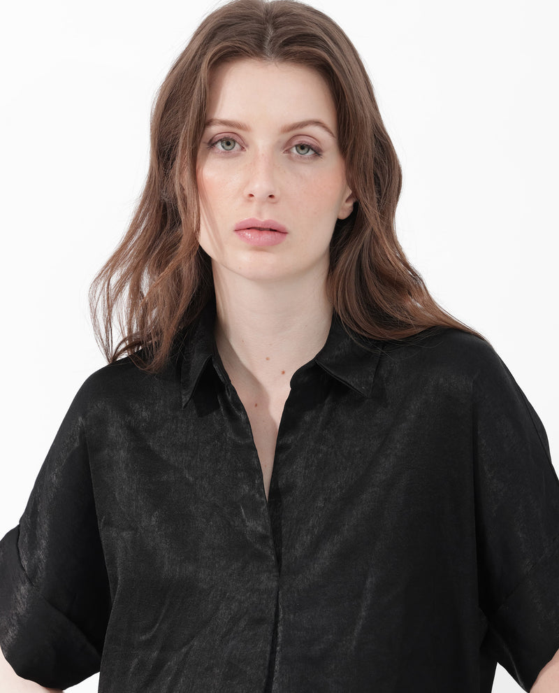 Rareism Women's Cole Black Polyester Fabric Short Sleeves Johnny Collar Extended Sleeve Regular Fit Plain Top