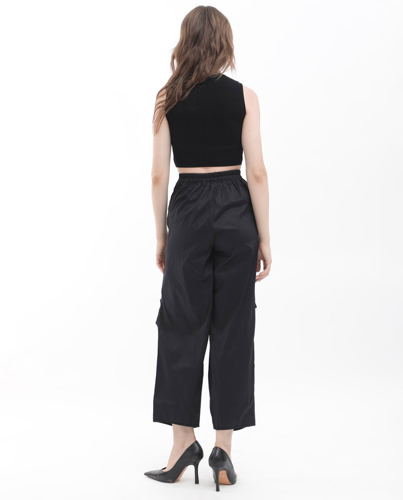 Rareism Women's Colema Black Cotton Fabric Button Closure Relaxed Fit Plain Ankle Length Trousers