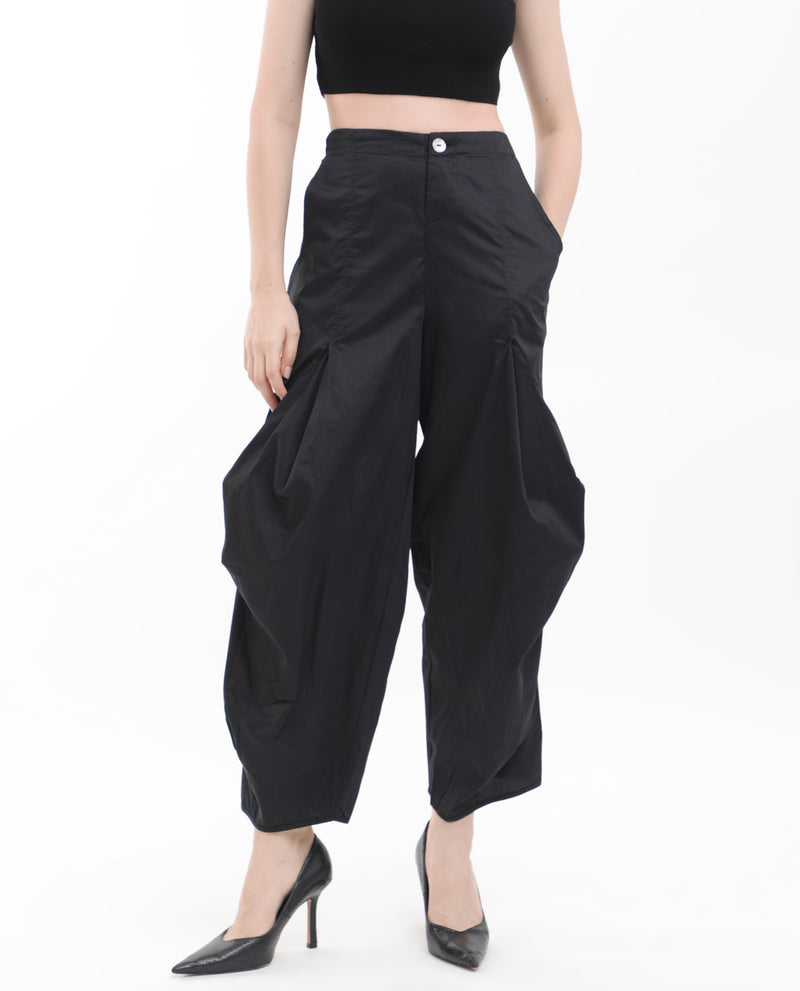 Rareism Women's Colema Black Cotton Fabric Button Closure Relaxed Fit Plain Ankle Length Trousers