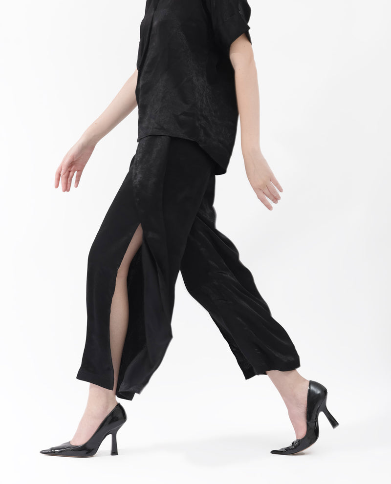 Rareism Women's Colet Black Polyester Fabric Tie-Up Closure Wide Leg Fit Plain Ankle Length Trousers