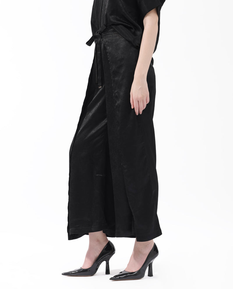 Rareism Women's Colet Black Polyester Fabric Tie-Up Closure Wide Leg Fit Plain Ankle Length Trousers