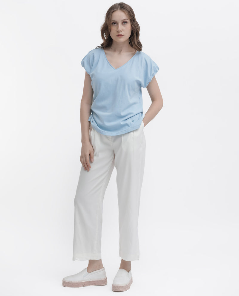 Rareism Women's Conrad Light Blue Cotton Fabric Short Sleeves V-Neck Extended Sleeve Regular Fit Plain Top