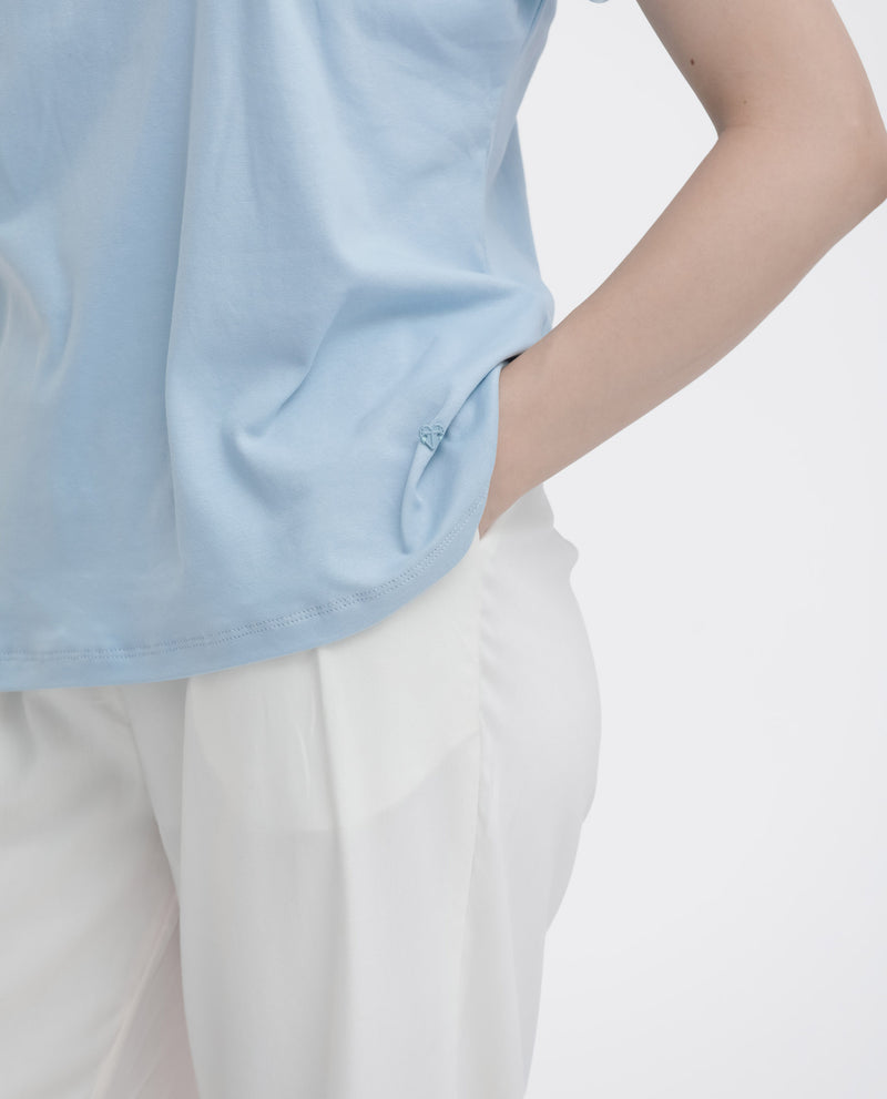 Rareism Women's Conrad Light Blue Cotton Fabric Short Sleeves V-Neck Extended Sleeve Regular Fit Plain Top