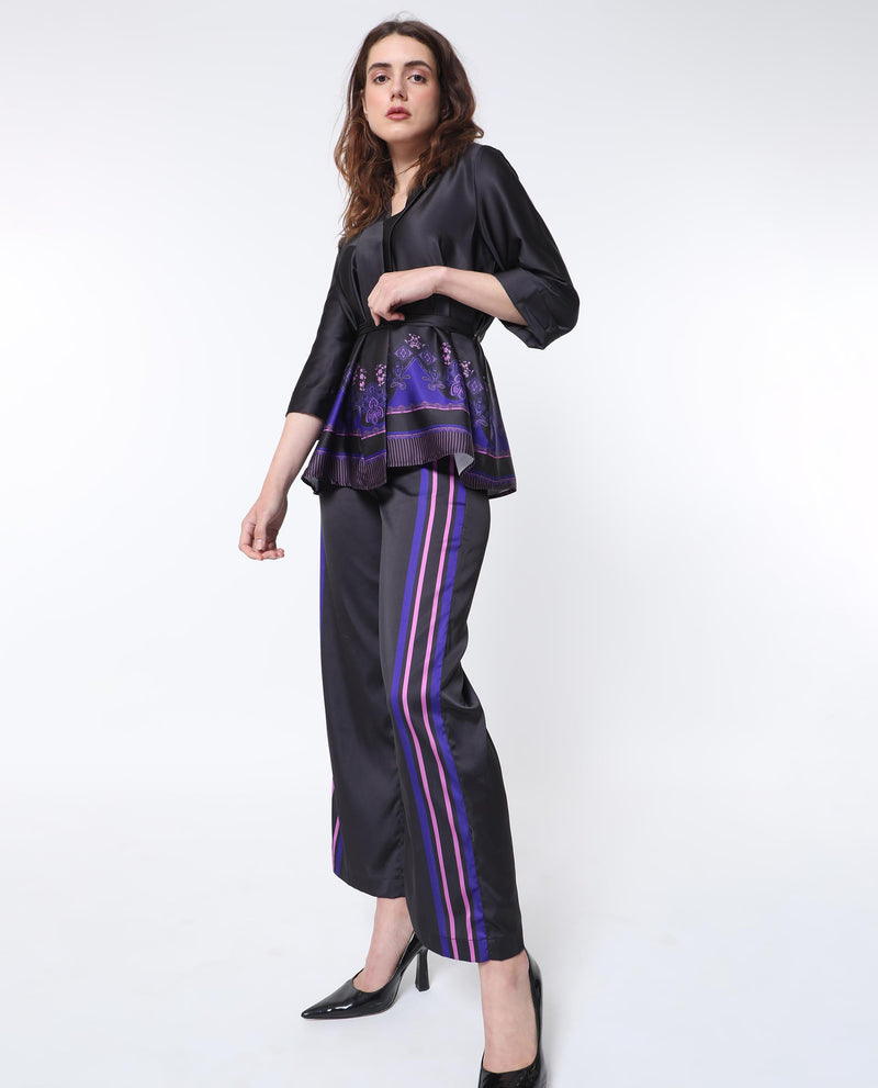 Rareism Women's Craig Black Polyester Fabric Regular Fit Mid Rise Striped Ankle Length Trousers