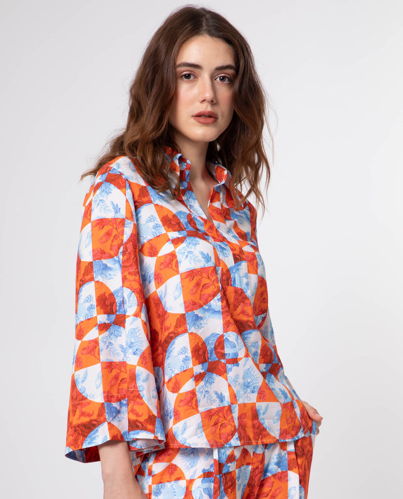 Rareism Women's Crawford Orange Viscose Fabric 3/4Th Sleeves Shirt Collar Flared Sleeve Regular Fit Floral Print Top