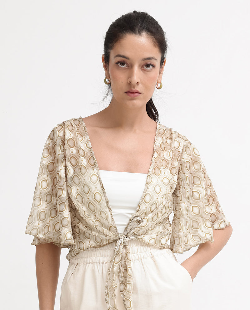 Rareism Women'S Crotone Light Beige Ruffled Sleeves Collarless Relaxed Fit Geometric Print Cropped Top