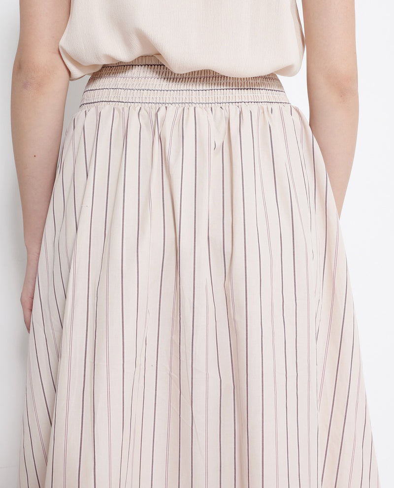 Rareism Women'S Cuba-B Light Beige Cotton Fabric Stripe Ankle Length Skirt