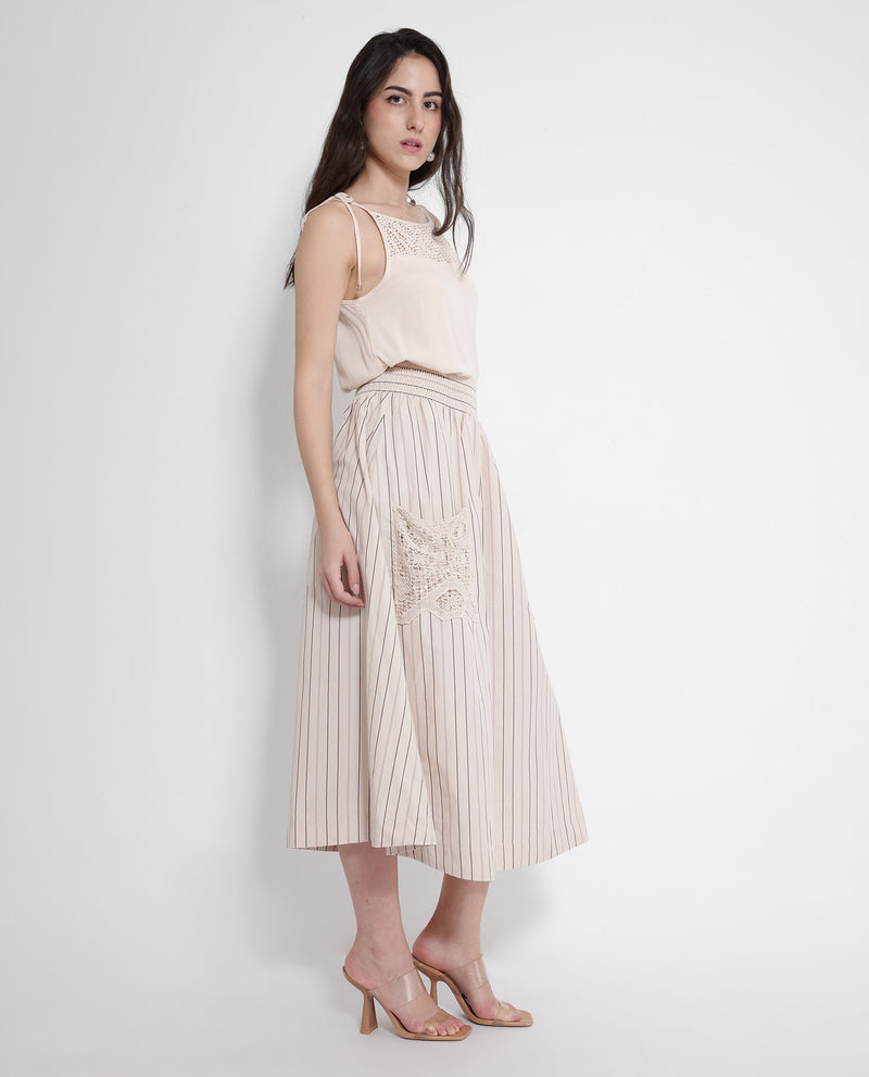 Rareism Women'S Cuba-B Light Beige Cotton Fabric Stripe Ankle Length Skirt