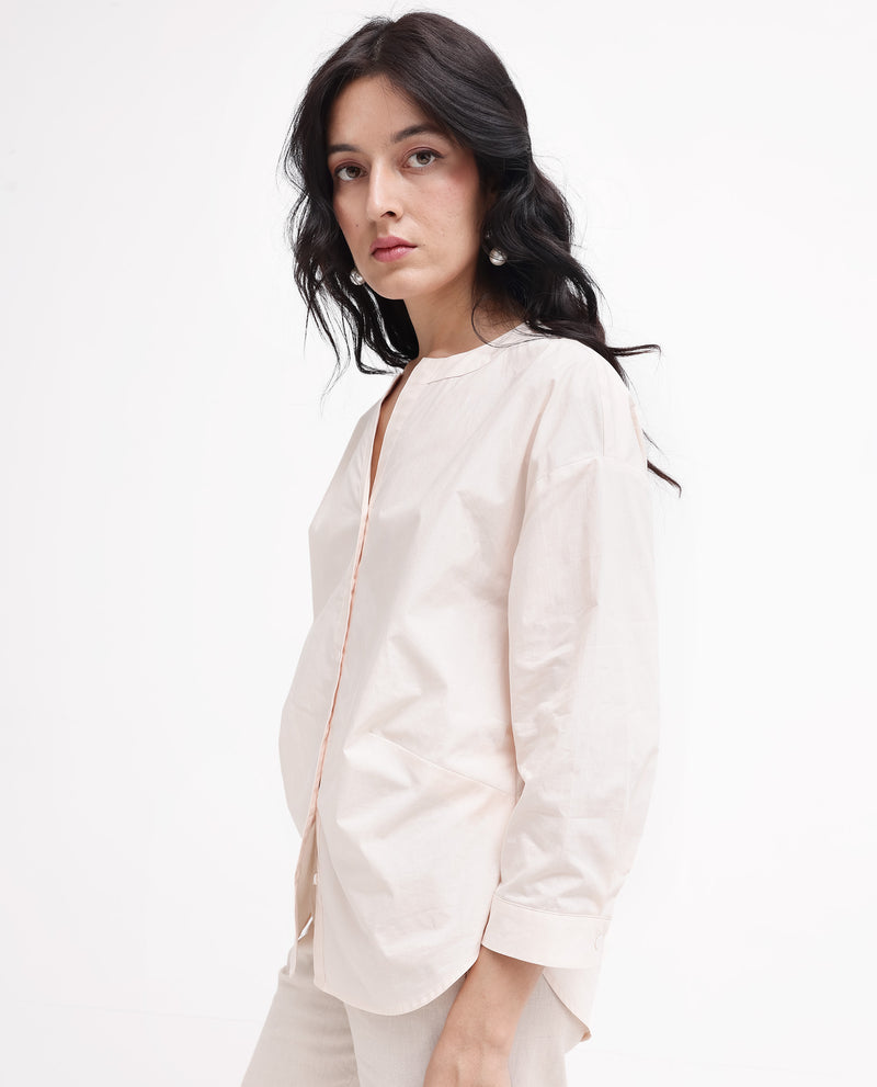 Rareism Women'S Cuba-T Light Beige Cotton Fabric Collared Neck Stripe Regular Fit Shirt