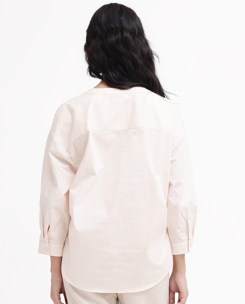 Rareism Women'S Cuba-T Light Beige Cotton Fabric Collared Neck Stripe Regular Fit Shirt