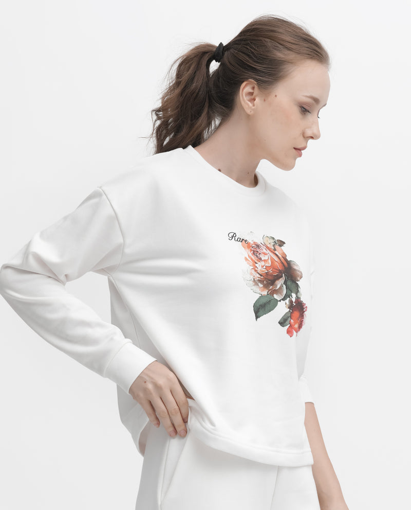 Rareism Articale Women's Curtin Off White Poly Cotton Fabric Full Sleeves Crew Neck Regular Fit Graphic Print Sweatshirt