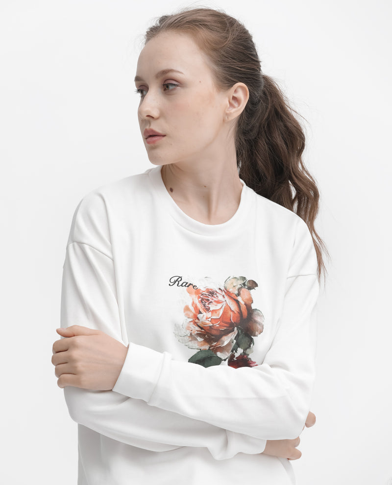 Rareism Articale Women'S Curtin Off White Poly Cotton Fabric Full Sleeves Crew Neck Regular Fit Graphic Print Sweatshirt