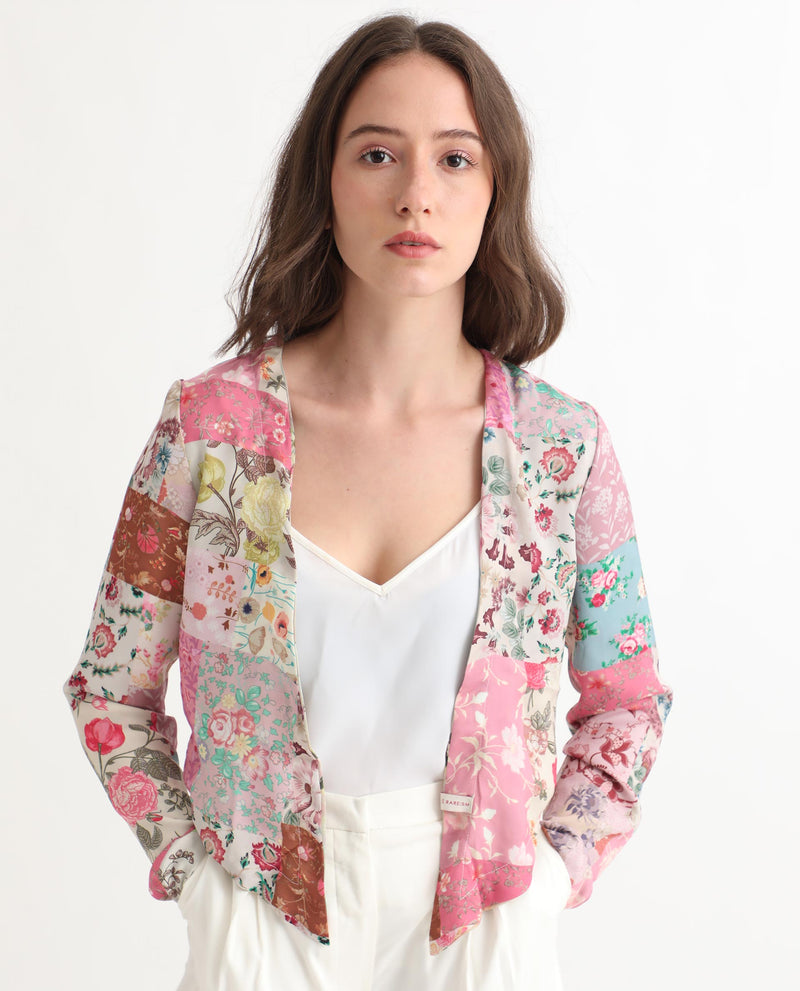 Rareism Women's Cyan Beige Polyester Fabric Full Sleeves Regular Fit Floral Print Shrug