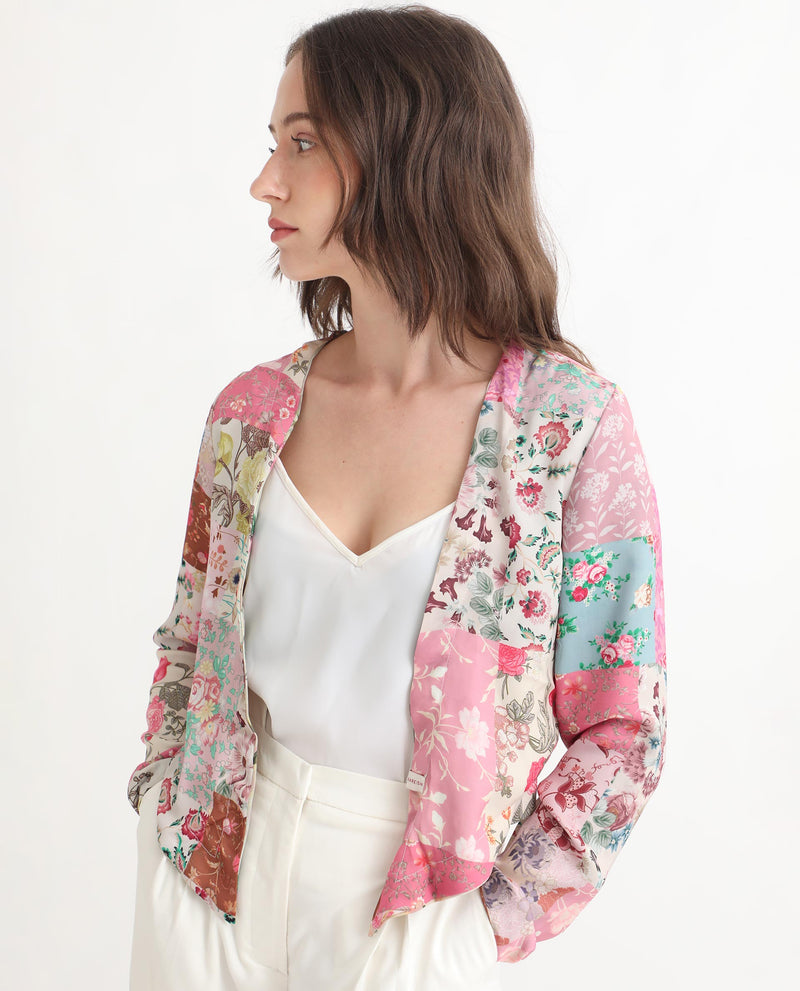 Rareism Women's Cyan Beige Polyester Fabric Full Sleeves Regular Fit Floral Print Shrug