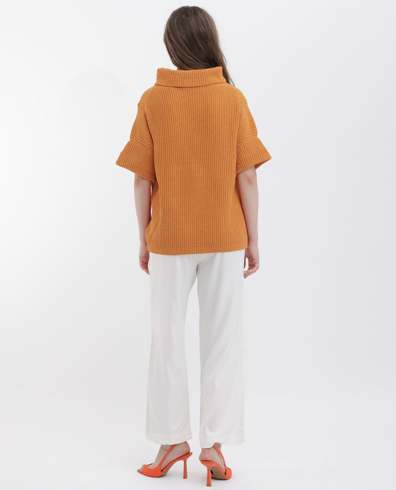 Rareism Women'S Daffy 1 Orange Cotton Fabric Short Sleeves High Neck Relaxed Fit Plain Sweater