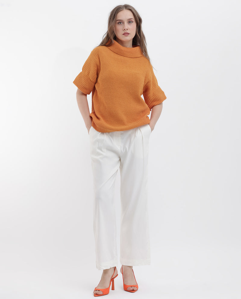 Rareism Women's Daffy 1 Orange Cotton Fabric Short Sleeves High Neck Relaxed Fit Plain Sweater