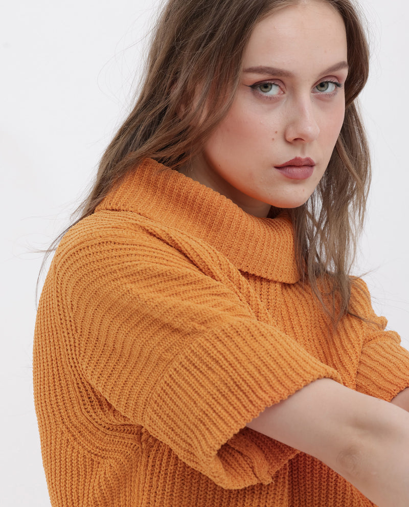 Rareism Women's Daffy 1 Orange Cotton Fabric Short Sleeves High Neck Relaxed Fit Plain Sweater